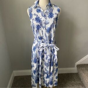 Blue and white pineapple button down cotton midi dress size 12